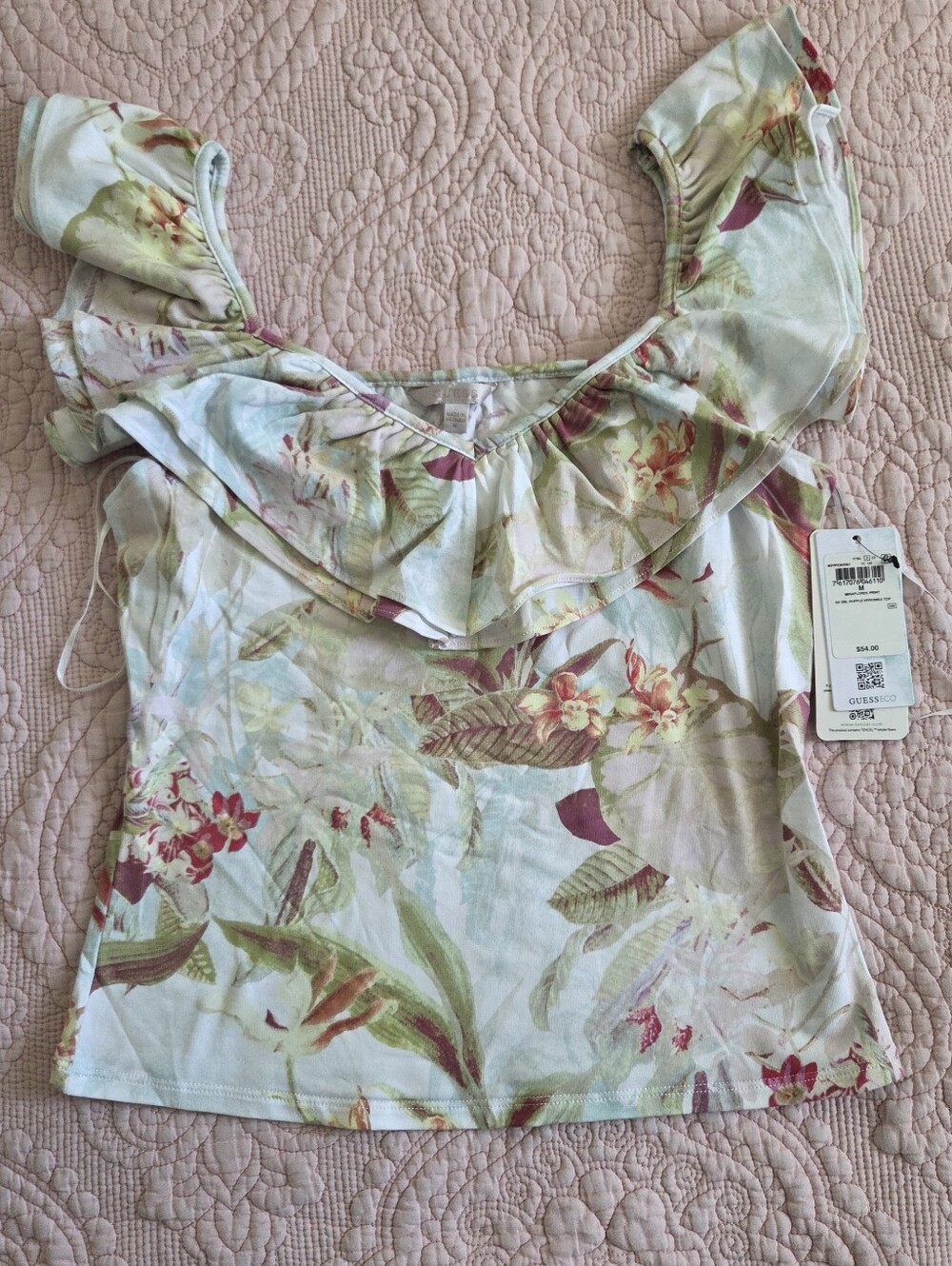 NWT Guess Floral Ruffle Off-Shoulder Top in White, Green & Pink